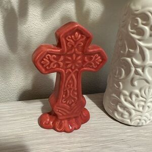 Small Decorative Ceramic Red Orange Cross Accent Decor
